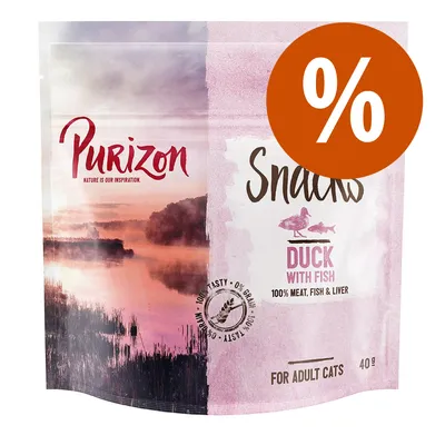 Purizon Snacks patka s ribom, 100% meso, riba i jetra, za odrasle mačke, 40g. Oznaka popusta s postotkom.