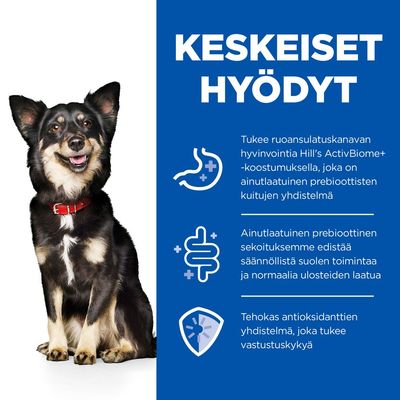 KESKEISET HYÖDYT: Tukee ruoansulatuskanavan hyvinvointia Hill’s ActivBiome+ -koostumuksella, ainutlaatuinen prebioottisten kuitujen yhdistelmä, tehokas antioksidanttien yhdistelmä.