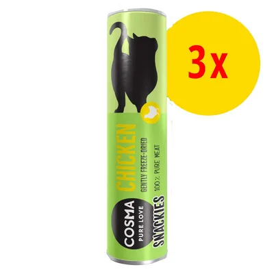 Cosma Pure Love Snackies Chicken, gently freeze-dried, 100% pure meat. 3x står med rød tekst på gul cirkel. Kattegrafik på emballagen.