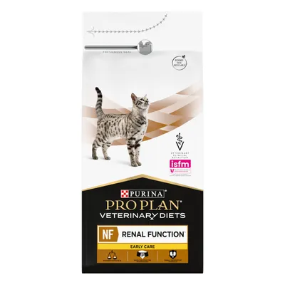 Bag labelled Pro Plan Veterinary Diets NF Renal Function Early Care, moderate protein, early restricted phosphorus, renal supportive, designed to be recyclable, ISFM logo visible.