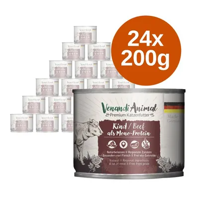 Venandi Animal Premium Katzenfutter marhahúsos macskaeledel, 24×200 g csomag. Felirat: Kind/Beef als Mono-Protein, természetes összetevők, sok hús, gabonamentes.