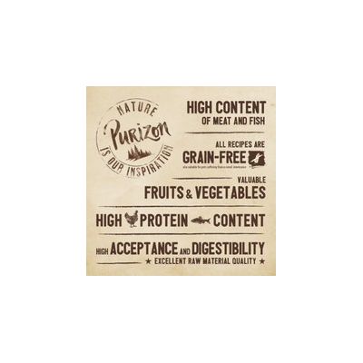 Purizon. Високо съдържание на месо и риба, всички рецепти без зърнени храни, ценни плодове и зеленчуци, високо съдържание на протеин, висока приемливост и смилаемост.