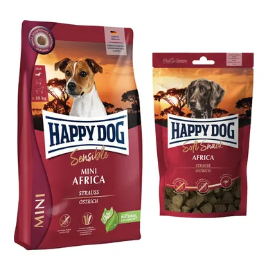 Happy Dog Kombi-Paket: 2 x 4 kg Sensible mini Trockenfutter + 4 x 100 g Soft Snack -  2 x 4 kg Africa + 4 x 100 g Africa 