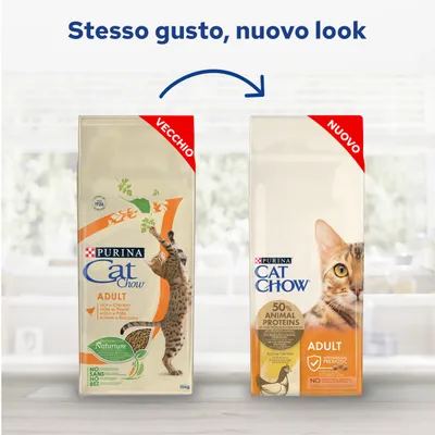 Confronto tra vecchio e nuovo packaging di Purina Cat Chow Adult, scritta: 'Stesso gusto, nuovo look'. Nuovo: 50% animal proteins, adult, rich in chicken, with natural prebiotic.