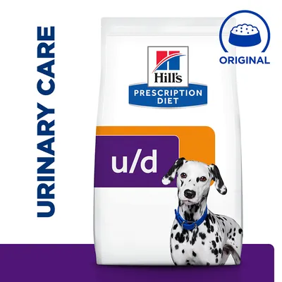 Hill's Prescription Diet u/d food packaging with urinary care label and original formula icon visible.