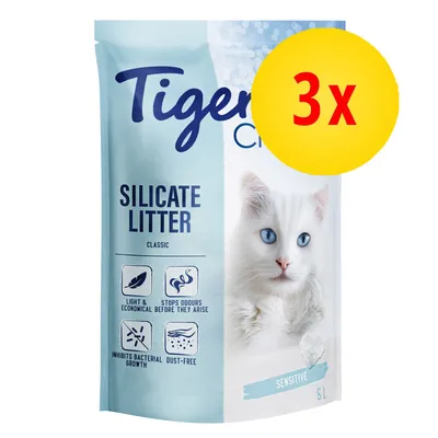 Tigerino Silicate Litter Classic Sensitive 5L, 3x. Tekstit: light & economical, stops odours before they arise, inhibits bacterial growth, dust-free. Valkoinen kissa pakkauksessa. Tigerino Silicate Litter Classic Sensitive 5L, 3x. Tekstit: light & economical, stops odours before they arise, inhibits bacterial growth, dust-free. Valkoinen kissa pakkauksessa.