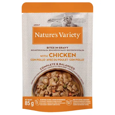 Nature's Variety Adult Bites in salsa con pollo, 85 g. Senza coloranti, aromi o conservanti artificiali. Realizzato con ingredienti naturali. Completo ed equilibrato.