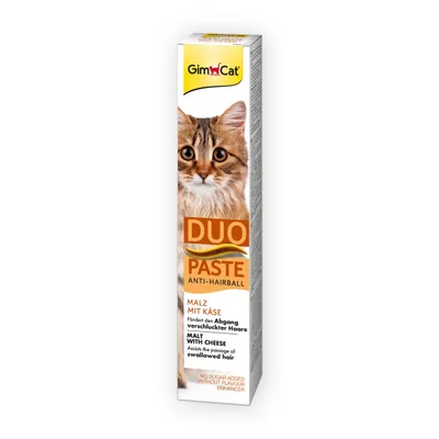 GimCat DUO Paste Anti-Hairball, malz z serem. Na opakowaniu zdjęcie kota, tekst: 'Assists the passage of swallowed hair', 'No sugar added without flavour enhancer'.