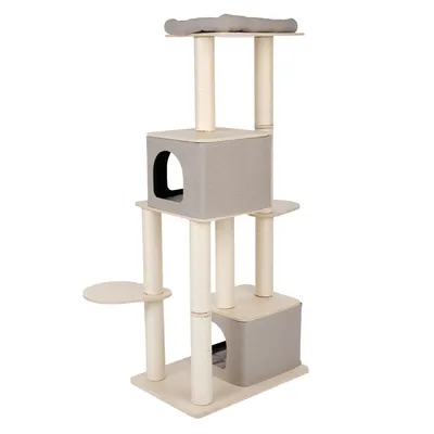 Arbre à chat beige avec deux niches carrées en tissu gris, plusieurs plateformes et poteaux recouverts de corde, coussin sur la plateforme supérieure. Matériaux visibles : bois, tissu, corde.