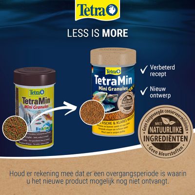 Tetra TetraMin Mini Granules nieuw design en verbeterd recept. Met natuurlijke ingrediënten, zonder toegevoegde conserveermiddelen of kleurstoffen.
