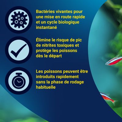 Bactéries vivantes pour un démarrage rapide et un cycle biologique immédiat, protection contre les pics de nitrites, les poissons peuvent être introduits rapidement sans la phase de rodage habituelle.