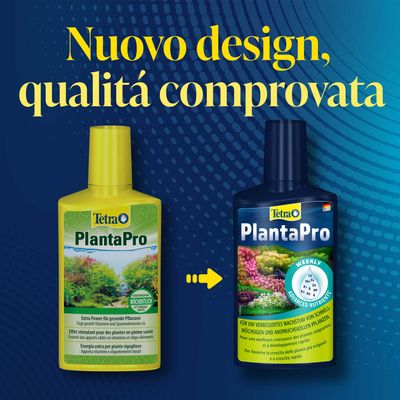 Tetra PlantaPro bottiglie nel vecchio e nuovo design. Testo: Nuovo design, qualità comprovata. Per una crescita migliorata delle piante a crescita rapida e delle piante esigenti.