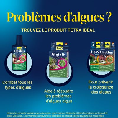 Tetra AlguMin, Algizit et Algos Algetten pour lutter contre et prévenir les problèmes d’algues dans l’aquarium. Remarques : veuillez consulter l’étiquette du produit.
