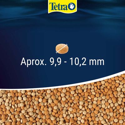 Tetra – diâmetro dos pellets: aprox. 9,9–10,2 mm. Vários pellets castanhos visíveis.