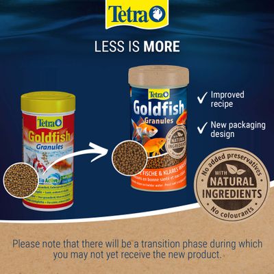 Tetra Goldfish Granules with new packaging design and improved formula, contains natural ingredients, no preservatives or colourings.