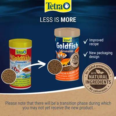 Tetra Goldfish Granules with new packaging design and improved formula, contains natural ingredients, no preservatives or colourings. Tetra Goldfish Granules with new packaging design and improved formula, contains natural ingredients, no preservatives or colourings.