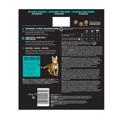 Dos d’un paquet de croquettes pour chat, 750 g, avec conseils d’alimentation par poids, tableau des rations journalières, mentions sans céréales et ingrédients d’origine animale, texte multilingue.