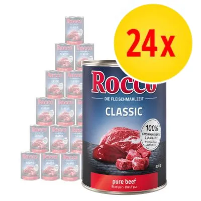 Rocco Classic pure beef våtfoder, 24x400 g. Text: 100 % fresh ingredients & grain-free. Förpackning med bild på köttbitar och tydlig mängdmarkering.