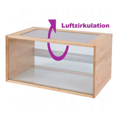 Terrarium en bois et verre avec couvercle grillagé, flèche violette indiquant la circulation de l’air, texte allemand « Luftzirkulation » visible sur l’image.