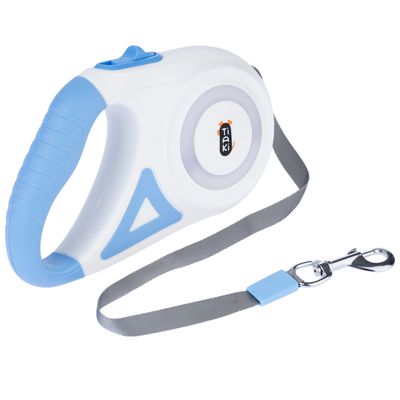 Tiaki Rollleine in Weiss und Blau mit ergonomischem Griff, grauem Gurtband und Metallkarabiner.