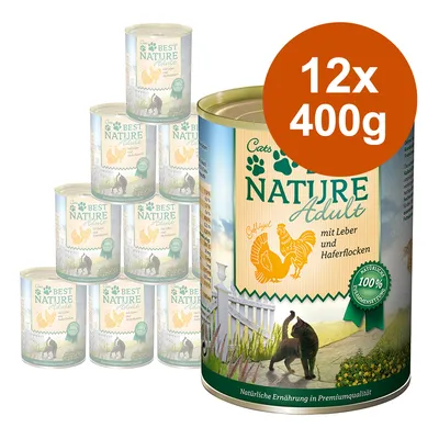 Lot de 12 boîtes Cat's Best Nature Adult, 400 g chacune. Texte visible : mit Leber und Haferflocken, 100 %, natürliche Ernährung in Premiumqualität. Illustration de chat et poulet.