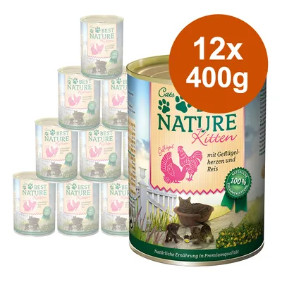Lot de 12 boîtes Cats Best Nature Kitten, 400 g chacune. Texte visible en allemand : mit Geflügelherzen und Reis, 100 % natürliche Zusammensetzung.