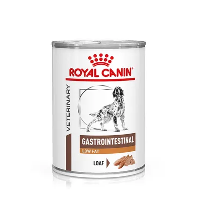 Konzerva Royal Canin Veterinary Gastrointestinal Low Fat Loaf, slika psa in koščkov hrane. Vidno besedilo: VETERINARY, GASTROINTESTINAL, LOW FAT, LOAF.