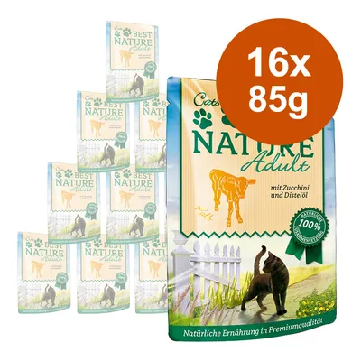 Cats Best Nature Adult, lot de 16 sachets de 85 g, texte visible : mit Zucchini und Distelöl, 100 % natürliche Zutaten, Natürliche Ernährung in Premiumqualität. Texte en allemand.