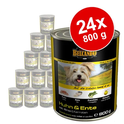 Lot de 24 boîtes Belcando Huhn & Ente, 800 g chacune. Poulet & canard avec millet et carottes, image d’un chien sur l’étiquette. Texte en allemand et français visible.