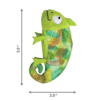 Green toy in chameleon shape, dimensions: height 5 inches, width 3 inches.