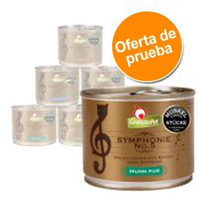 Latas de comida para gatos GranataPet Symphonie No.5 Huhn Pur, pack con etiqueta naranja que dice 'Oferta de prueba'.