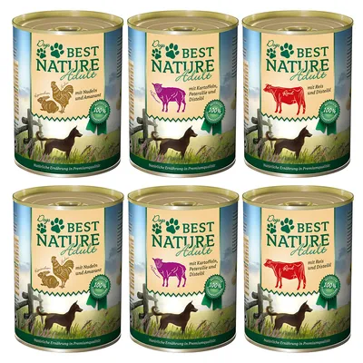 Best Nature Adult dog food, varieties: with noodles and amaranth, with potatoes, parsley and safflower oil, with rice and safflower oil. Natural premium quality nutrition.