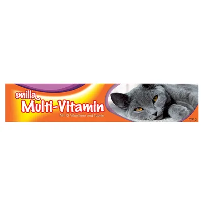 smilla Multi-Vitamin, Mit 12 Vitaminen und Taurin, 200 g. Bild på grå katt. Text på tyska.