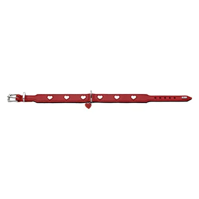 Collier rouge avec boucles métalliques, découpes en forme de cœur et pendentif cœur assorti. Marque visible : Trixie.