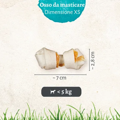 Osso da masticare, dimensione XS, circa 7 cm x 2,8 cm, indicato per cani di peso inferiore a 5 kg. Testo visibile: 'Osso da masticare Dimensione XS' e simbolo cane < 5 kg.