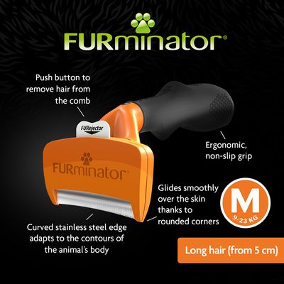 FURminator fésű, rozsdamentes acél él, ergonomikus markolat, M méret 9–23 kg, hosszú szőr (5 cm-től), angol nyelvű feliratok a funkciókról láthatók.