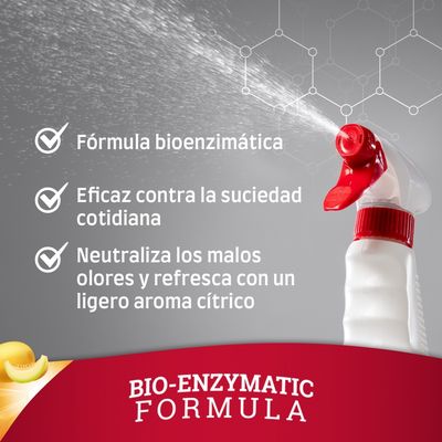 Fórmula bioenzimática. Eficaz contra la suciedad cotidiana. Neutraliza los malos olores y refresca con un ligero aroma cítrico. BIO-ENZYMATIC FORMULA.