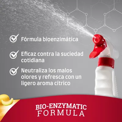 Fórmula bioenzimática. Eficaz contra la suciedad cotidiana. Neutraliza los malos olores y refresca con un ligero aroma cítrico. BIO-ENZYMATIC FORMULA.