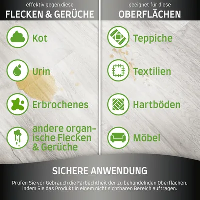 Effektiv gegen Flecken und Gerüche wie Kot, Urin, Erbrochenes, organische Rückstände. Geeignet für Teppiche, Textilien, Hartböden, Möbel. Hinweis zur sicheren Anwendung enthalten.