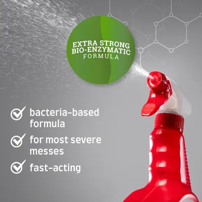 EXTRA STRONG BIO-ENZYMATIC FORMULA, bacteria-based formula, for most severe messes, fast-acting feliratok angolul, piros szórófejes flakon látható
