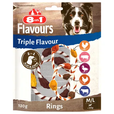 Triple Flavour rings, 2 in 1 play and chew, with chicken, pork, duck and beef flavours. Suitable for medium to large pets over 10kg. Pack weight 120g.