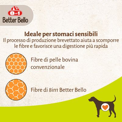 8in1 Better Bello. Ideale per stomaci sensibili. Fibre di pelle bovina convenzionale e fibre di 8in1 Better Bello. Processo brevettato favorisce digestione più rapida.