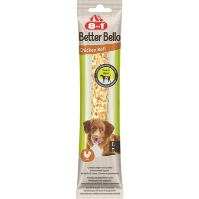 Confezione di snack per cani 8in1 Better Bello Chicken Roll, etichetta con scritta 'Easy to digest', pollo visibile, taglia L, senza coloranti o conservanti artificiali. Confezione di snack per cani 8in1 Better Bello Chicken Roll, etichetta con scritta 'Easy to digest', pollo visibile, taglia L, senza coloranti o conservanti artificiali.
