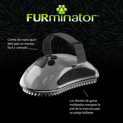 FURminator con correa de mano ajustable para un manejo sencillo. Los dientes de goma masajean la piel de la mascota para un pelaje brillante.