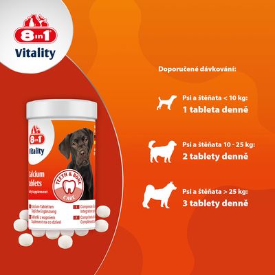 8 in 1 Vitality Calcium Tablety. Doporučené dávkování: psi do 10 kg 1 tableta denně, 10–25 kg 2 tablety denně, nad 25 kg 3 tablety denně.