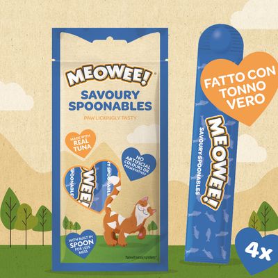 Meowee! Savoury Spoonables. Con vero tonno, senza coloranti o conservanti artificiali, cucchiaio integrato per meno disordine. Illustrazione di un gatto.