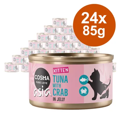 Cosma Asia Kitten Tuna with Crab in Jelly, 24x85g pločevinke. Na embalaži so silhueta mačke, riba in rak ter napis 'Tuna with Crab in Jelly'. Cosma Asia Kitten Tuna with Crab in Jelly, 24x85g pločevinke. Na embalaži so silhueta mačke, riba in rak ter napis 'Tuna with Crab in Jelly'.