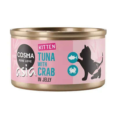 Cosma Asia Kitten Thunfisch mit Krabbe in Gelee. Rosa Dose mit Katzen-Silhouette und Symbolen für Fisch und Krabbe.