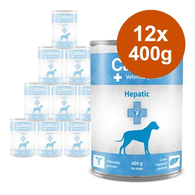 Calibra Veterinary Diets Hepatic, 12x400g burkar för hundar. Kliniskt bevisat, leverstödssystem.