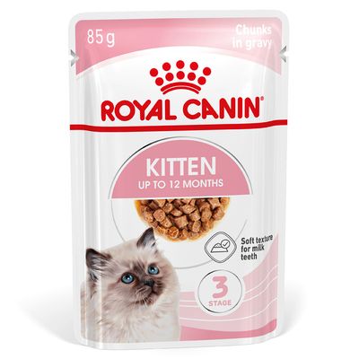 Royal Canin Kitten up to 12 months, chunks in gravy, soft texture for milk teeth, 3-stage, 85g pouch.